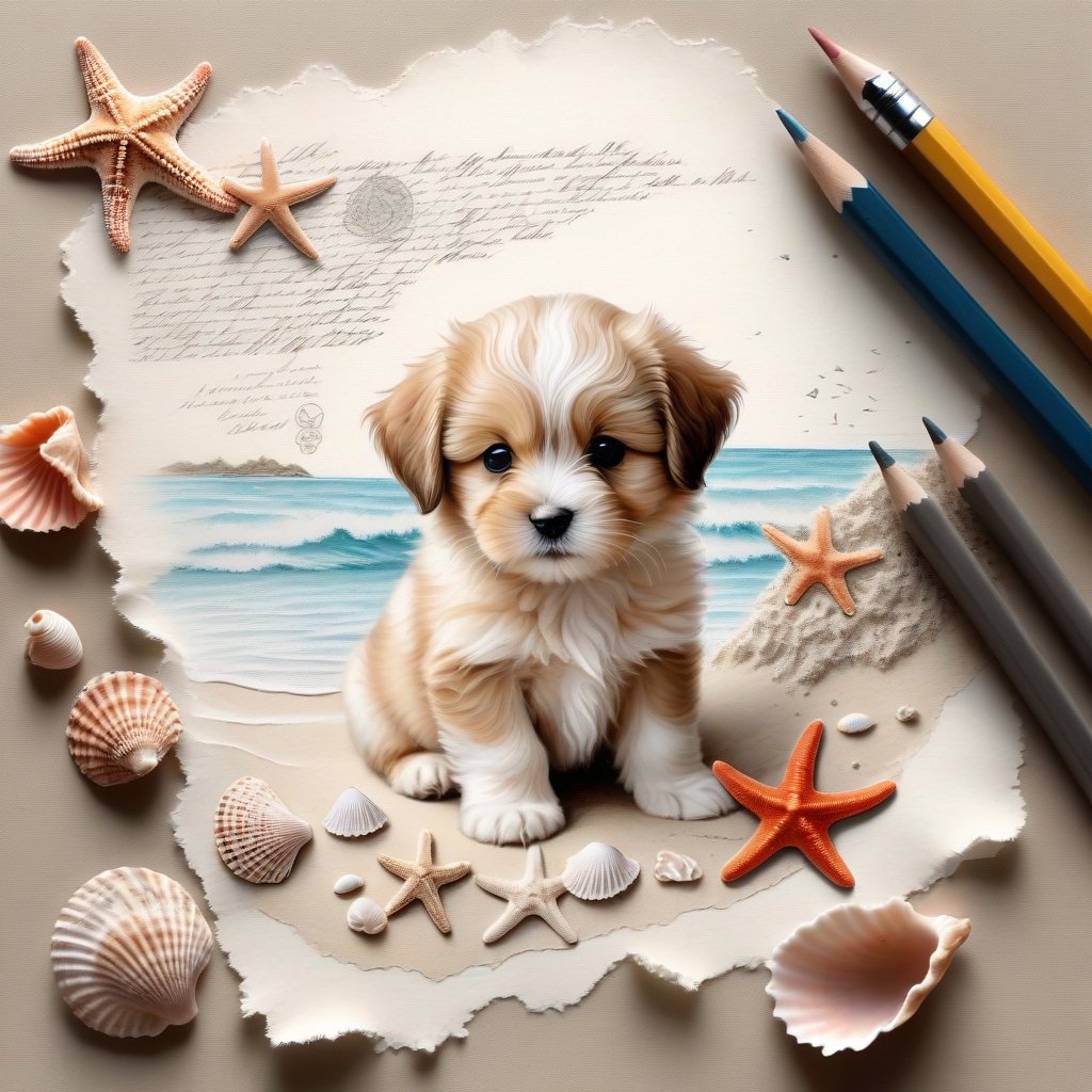 ((ultra realistic photo)), artistic sketch art, Make a pencil sketch of an adorable little FLUFFY PUPPY on an old torn edge paper, art, DETAILED textures, pure perfection, hIgh definition, detailed beach around THE PAPER, tiny delicate sea-shell, starfish, sea , delicate coral, sand pile on the paper, little calligraphy text, tiny delicate drawings,BookScenic