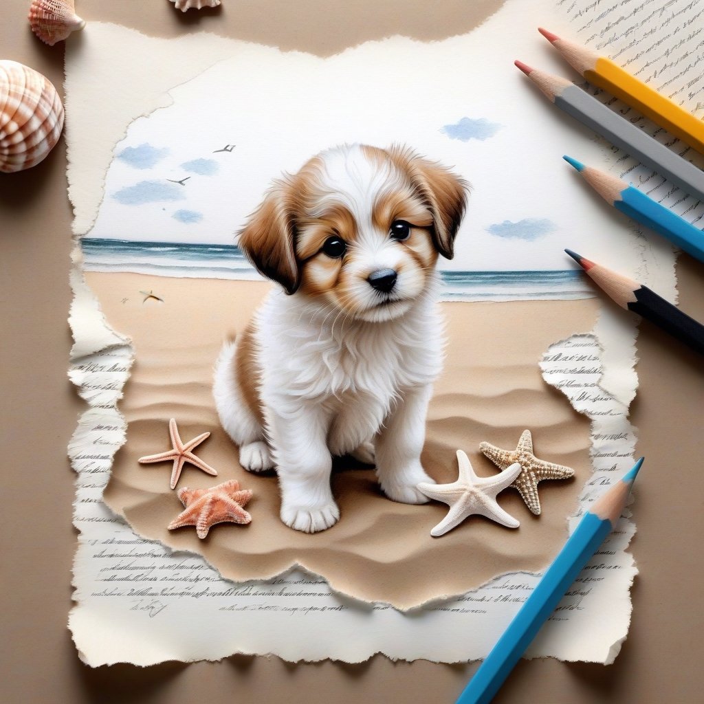 ((ultra realistic photo)), artistic sketch art, Make a pencil sketch of an adorable little FLUFFY PUPPY on an old torn edge paper, art, DETAILED textures, pure perfection, hIgh definition, detailed beach around THE PAPER, tiny delicate sea-shell, little delicate starfish, sea , delicate coral, sand pile on the paper,little calligraphy texts, delicate little drawings,