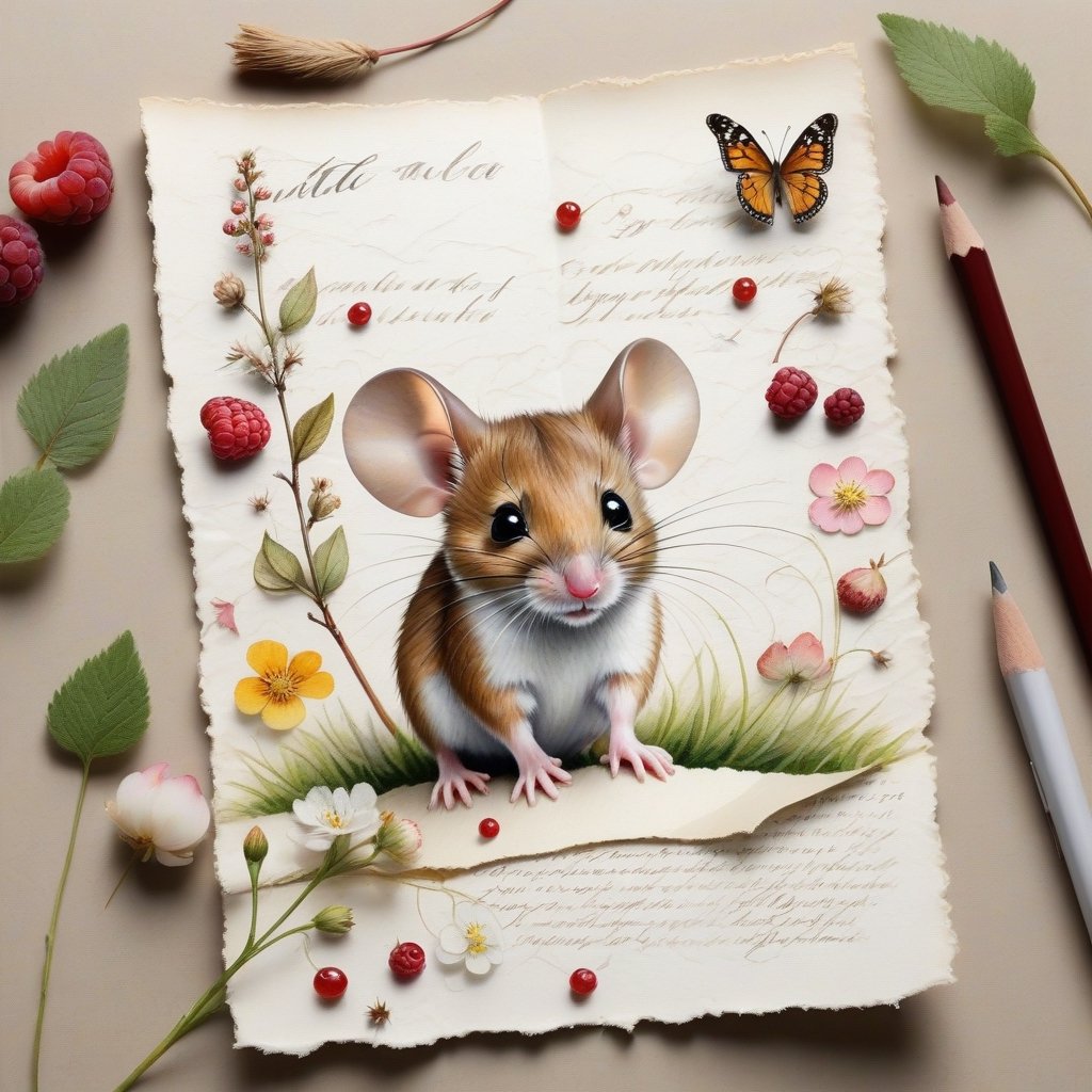  ((ultra realistic photo)), artistic sketch art, Make a little 2,5D WHITE LINE pencil sketch of a cute tiny MOUSE on an old TORN EDGE paper , art, textures, pure perfection, high definition, LITTLE FRUITS, butterfly,wild berries,berry, DELICATE FLOWERS ,grass blades, flower petals on the paper, little calligraphy text all over, little drawings, text: "mouse", text. ,BookScenic