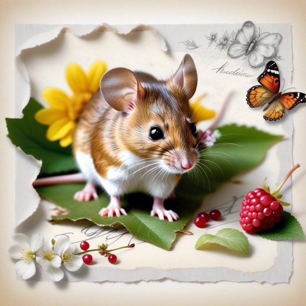  ((ultra realistic photo)), artistic sketch art, Make a little 2,5D WHITE LINE pencil sketch of a cute tiny MOUSE on an old TORN EDGE PIECE OF SHINY SATIN CLOTH , art, textures, pure perfection, high definition, LITTLE FRUITS, butterfly,wild berries,berry, DELICATE FLOWERS ,grass blades, flower petals on the paper, little calligraphy text all over, little drawings, text: "mouse", text. ,BookScenic,art_booster