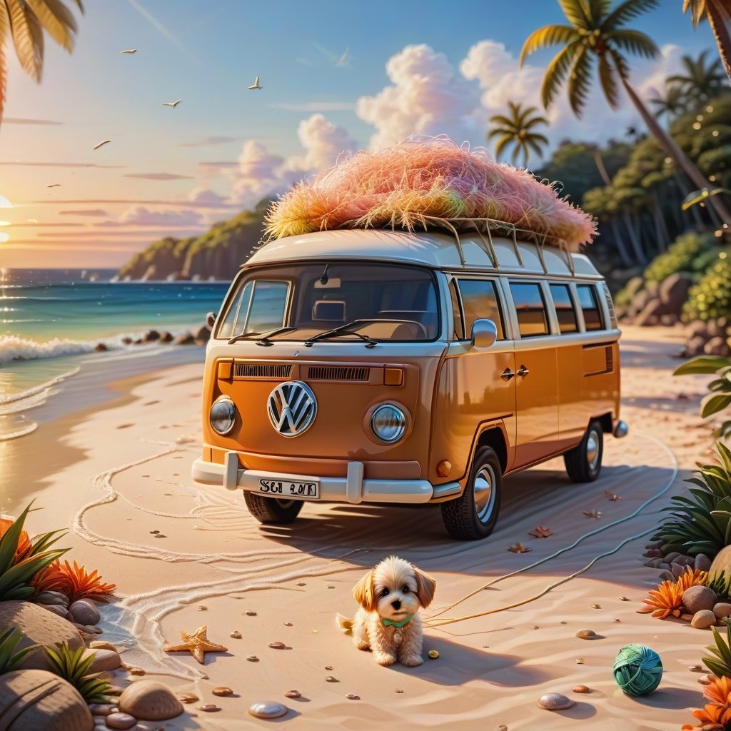 a cute fluffy puppy playing with a little ball of yarn , CLASSIC VW CAMPER VAN in distance, LOVELY WELL-ARRANGED CAMPING ENVIROMENT (art, DETAILED textures, pure perfection, hIgh definition), detailed beach around , tiny delicate sea-shell, little delicate starfish, sea ,(very detailed TROPICAL hawaiian BAY BACKGROUND, SEA SHORE, PALM TREES, DETAILED LANDSCAPE, COLORFUL) (GOLDEN HOUR LIGHTING), delicate coral, sand piles