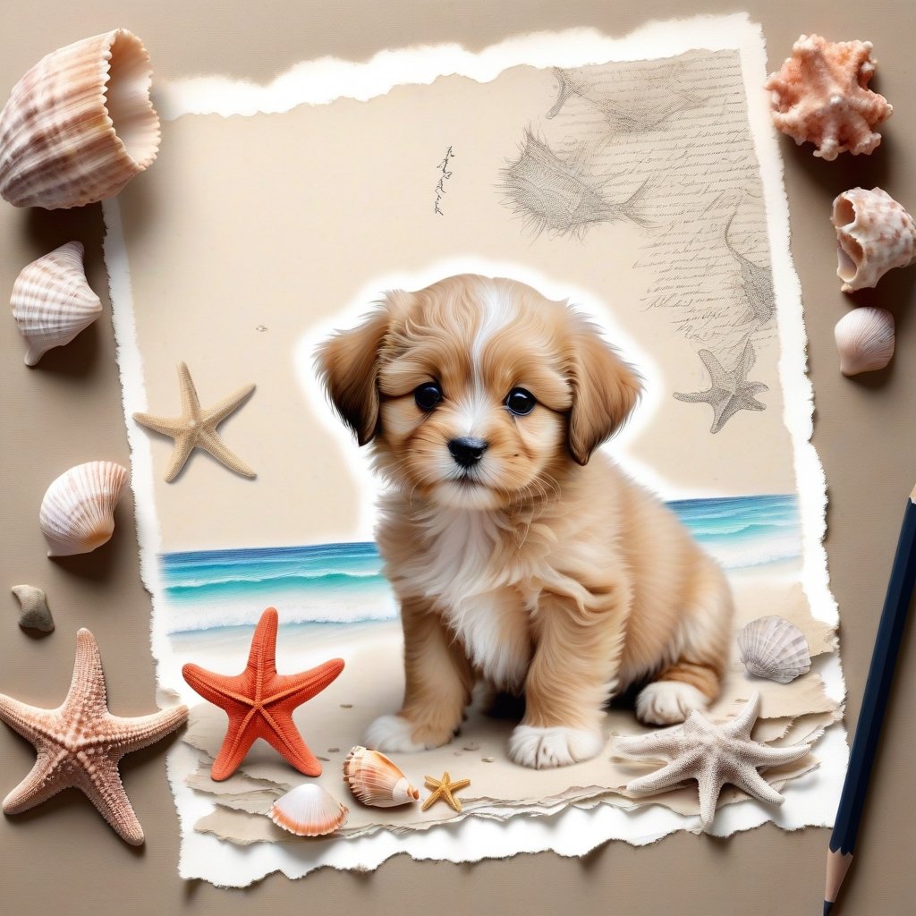 ((ultra realistic photo)), artistic sketch art, Make a pencil sketch of an adorable little FLUFFY PUPPY on an old torn edge paper, art, DETAILED textures, pure perfection, hIgh definition, detailed beach around THE PAPER, tiny delicate sea-shell, starfish, sea , delicate coral, sand on the paper, little calligraphy text, tiny delicate drawings,BookScenic