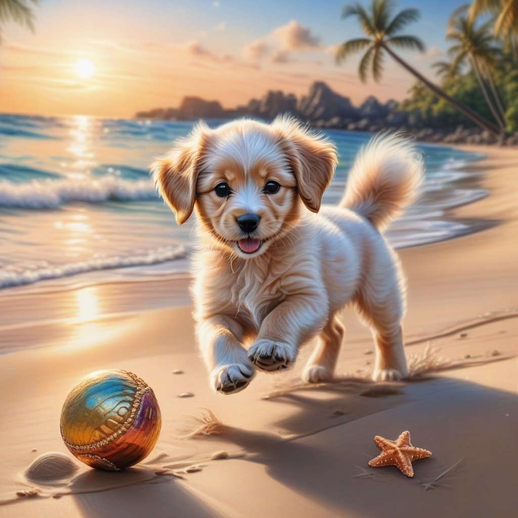 ((ultra realistic photo)), artistic sketch art, Make a DETAILED pencil sketch of a cute little FLUFFY PUPPY PLAYING WITH A BALL, (art, DETAILED textures, pure perfection, hIgh definition), detailed beach around , tiny delicate sea-shell, little delicate starfish, sea ,(very detailed TROPICAL hawaiian BAY BACKGROUND, SEA SHORE, PALM TREES, DETAILED LANDSCAPE, COLORFUL) (GOLDEN HOUR LIGHTING), delicate coral, sand piles