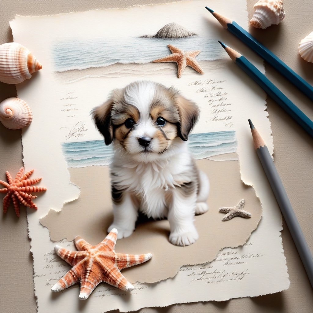 ((ultra realistic photo)), artistic sketch art, Make a pencil sketch of an adorable little FLUFFY PUPPY on an old torn edge paper, art, DETAILED textures, pure perfection, hIgh definition, detailed beach around THE PAPER, tiny delicate sea-shell, starfish, sea , delicate coral, sand on the paper, little calligraphy text, tiny delicate drawings,BookScenic