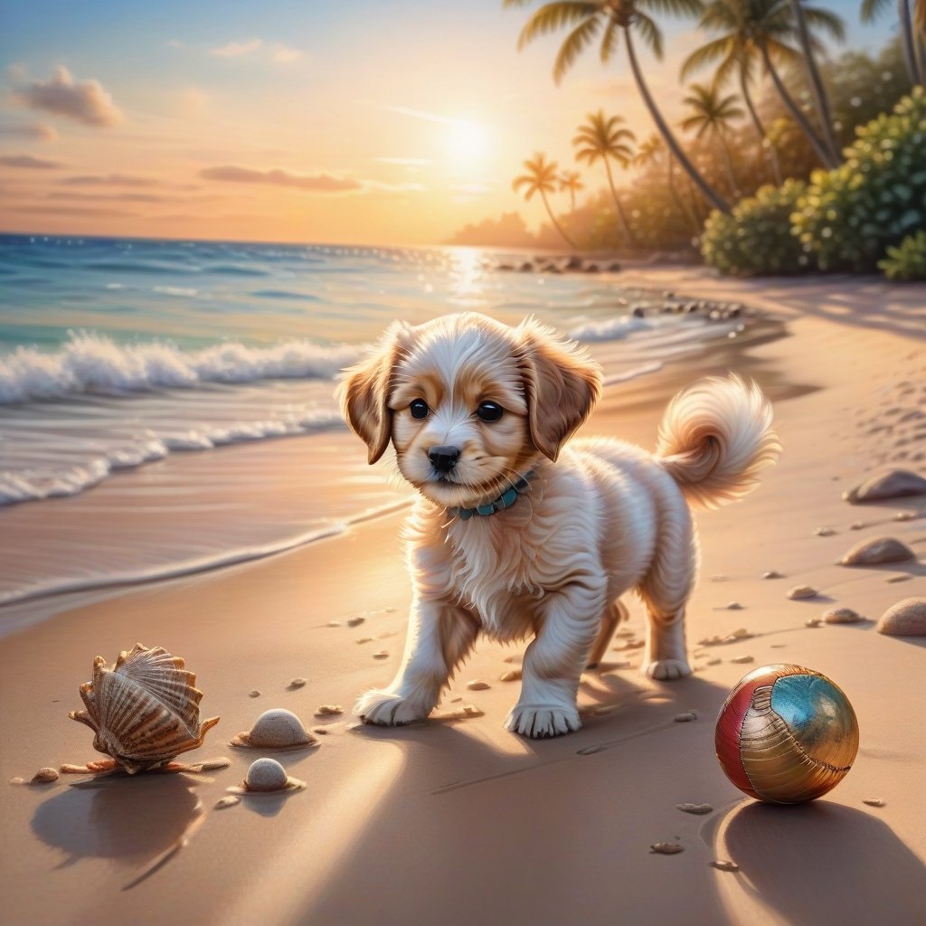 ((ultra realistic photo)), artistic sketch art, Make a DETAILED pencil sketch of a cute little FLUFFY PUPPY PLAYING WITH A BALL, (art, DETAILED textures, pure perfection, hIgh definition), detailed beach around , tiny delicate sea-shell, little delicate starfish, sea ,(very detailed TROPICAL hawaiian BAY BACKGROUND, SEA SHORE, PALM TREES, DETAILED LANDSCAPE, COLORFUL) (GOLDEN HOUR LIGHTING), delicate coral, sand piles