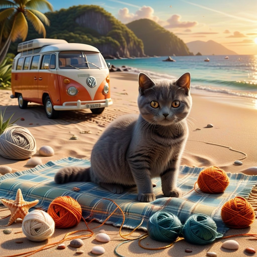 ((ultra realistic photo))  a cute little British shorthaired Kitty playing with a little ball of yarn ON A PLAID, IN FRONT OF THE CLASSIC VW CAMPER VAN, LOVELY WELL-ARRANGED CAMPING ENVIROMENT (art, DETAILED textures, pure perfection, hIgh definition), detailed beach around , tiny delicate sea-shell, little delicate starfish, sea ,(very detailed TROPICAL hawaiian BAY BACKGROUND, SEA SHORE, PALM TREES, DETAILED LANDSCAPE, COLORFUL) (GOLDEN HOUR LIGHTING), delicate coral, sand piles,LegendDarkFantasy,dark