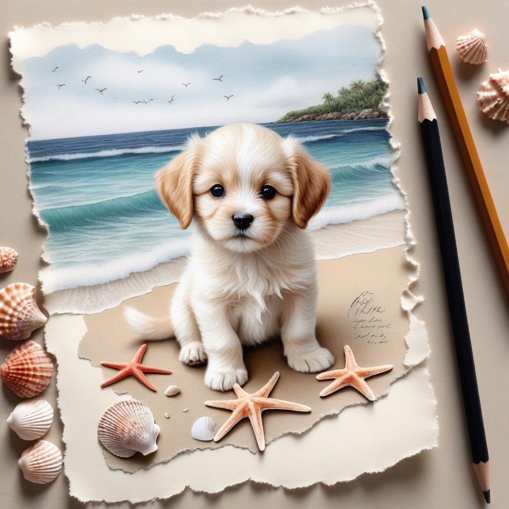 ((ultra realistic photo)), artistic sketch art, Make a pencil sketch of an adorable little FLUFFY PUPPY on an old torn edge paper, art, DETAILED textures, pure perfection, hIgh definition, detailed beach around THE PAPER, tiny delicate sea-shell, little delicate starfish, sea , delicate coral, sand pile on the paper,little calligraphy texts, delicate little drawings,, text: "puppy", text. ,BookScenic,art_booster