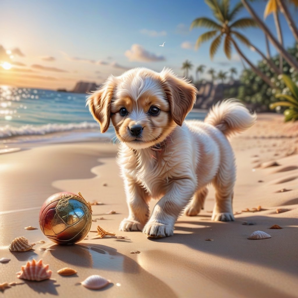 ((ultra realistic photo)), artistic sketch art, Make a DETAILED pencil sketch of a cute little FLUFFY PUPPY PLAYING WITH A BALL, (art, DETAILED textures, pure perfection, hIgh definition), detailed beach around , tiny delicate sea-shell, little delicate starfish, sea ,(very detailed TROPICAL hawaiian BAY BACKGROUND, SEA SHORE, PALM TREES, DETAILED LANDSCAPE, COLORFUL) (GOLDEN HOUR LIGHTING), delicate coral, sand piles