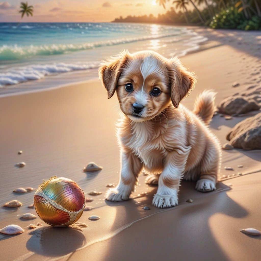 ((ultra realistic photo)), artistic sketch art, Make a DETAILED pencil sketch of a cute little FLUFFY PUPPY PLAYING WITH A BALL, (art, DETAILED textures, pure perfection, hIgh definition), detailed beach around , tiny delicate sea-shell, little delicate starfish, sea ,(very detailed TROPICAL hawaiian BAY BACKGROUND, SEA SHORE, PALM TREES, DETAILED LANDSCAPE, COLORFUL) (GOLDEN HOUR LIGHTING), delicate coral, sand piles