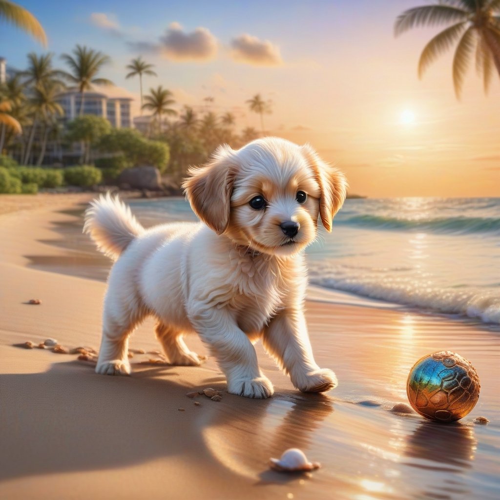 ((ultra realistic photo)), artistic sketch art, Make a DETAILED pencil sketch of a cute little FLUFFY PUPPY PLAYING WITH A BALL, (art, DETAILED textures, pure perfection, hIgh definition), detailed beach around , tiny delicate sea-shell, little delicate starfish, sea ,(very detailed TROPICAL hawaiian BAY BACKGROUND, SEA SHORE, PALM TREES, DETAILED LANDSCAPE, COLORFUL) (GOLDEN HOUR LIGHTING), delicate coral, sand piles