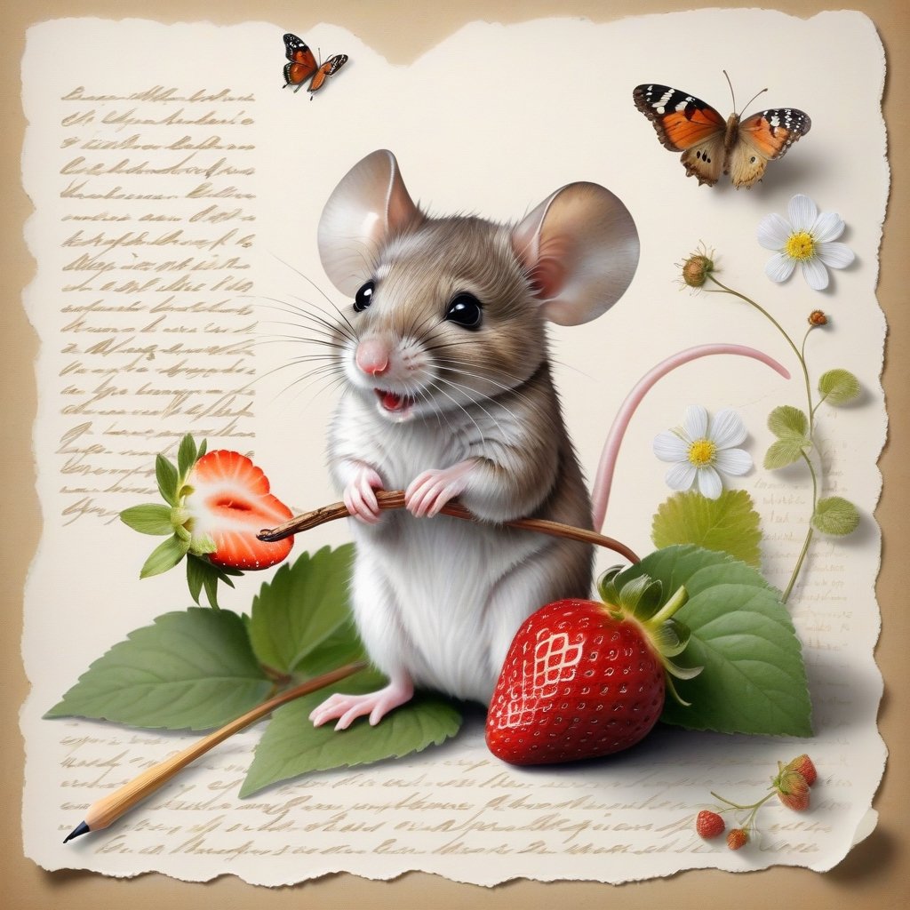 ((ultra realistic photo)), artistic sketch art, Make a little 2,5D WHITE LINE pencil sketch of a cute tiny MOUSE on an old TORN EDGE Letter , art, textures, pure perfection, high definition, LITTLE FRUITS, butterfly,strawberry,berry, DELICATE FLOWERS ,grass blades, flower petals  on the paper, little calligraphy text, little drawings, text: "mouse", text. children's picture books, ,BookScenic,ink,smoke,ink smoke,Dark Majic