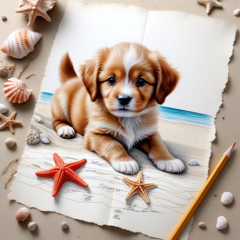 ((ultra realistic photo)), artistic sketch art, Make a pencil sketch of an adorable little FLUFFY PUPPY on an old torn edge paper, art, DETAILED textures, pure perfection, hIgh definition, detailed beach around THE PAPER, tiny delicate sea-shell, little delicate starfish, sea , delicate coral, sand pile on the paper,little calligraphy texts, delicate drawings,