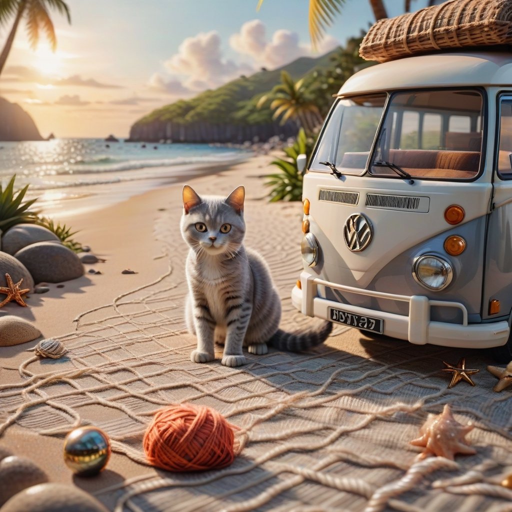 ((ultra realistic photo))  a cute British shorthaired happy Kitty playing with a little ball of yarn ON A PLAID, CLASSIC VW CAMPER VAN, LOVELY WELL-ARRANGED CAMPING ENVIROMENT (art, DETAILED textures, pure perfection, hIgh definition), detailed beach around , tiny delicate sea-shell, little delicate starfish, sea ,(very detailed TROPICAL hawaiian BAY BACKGROUND, SEA SHORE, PALM TREES, DETAILED LANDSCAPE, COLORFUL) (GOLDEN HOUR LIGHTING), delicate coral, sand piles,LegendDarkFantasy,dark,anthro