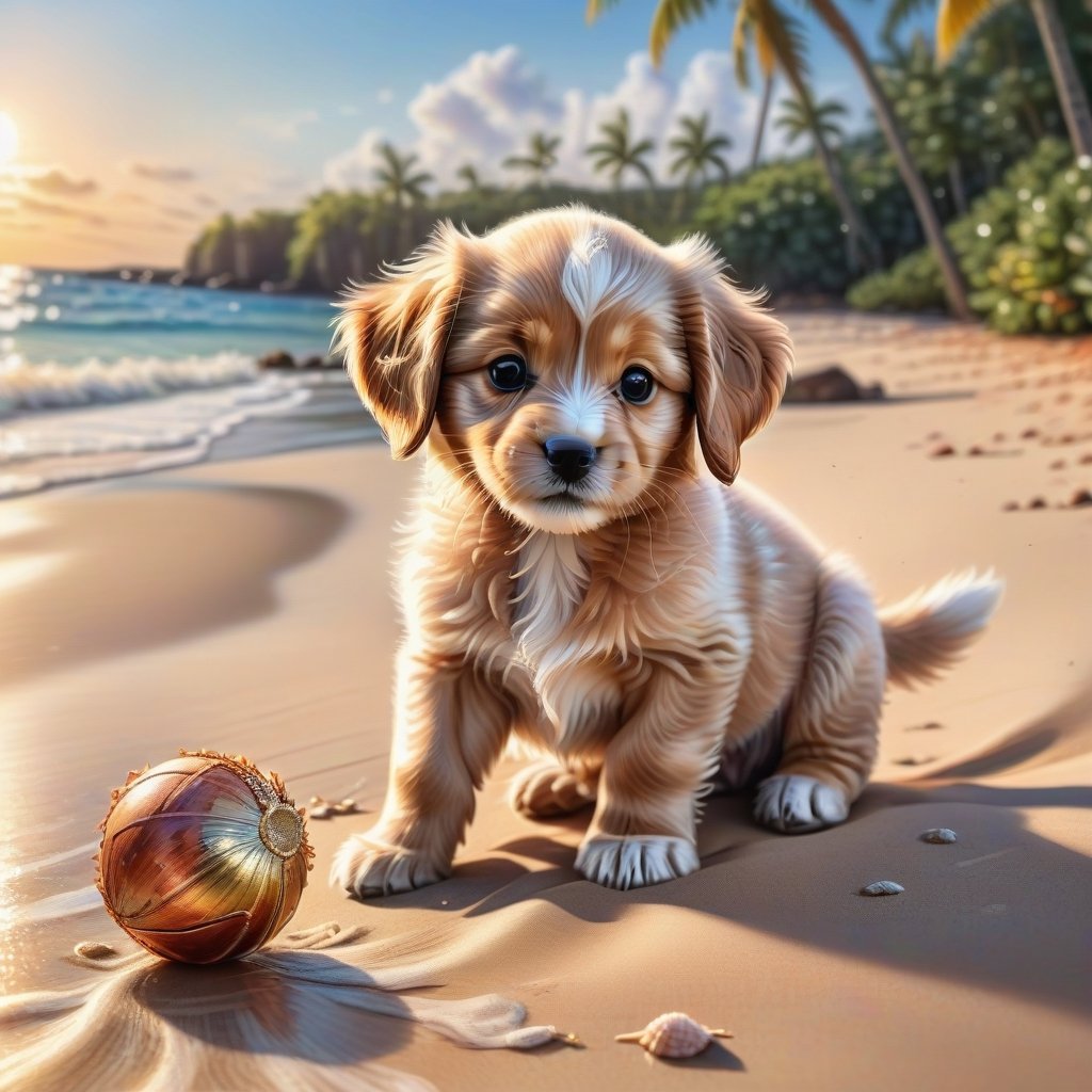 ((ultra realistic photo)), artistic sketch art, Make a DETAILED pencil sketch of a cute little FLUFFY PUPPY PLAYING WITH A BALL, (art, DETAILED textures, pure perfection, hIgh definition), detailed beach around , tiny delicate sea-shell, little delicate starfish, sea ,(very detailed TROPICAL hawaiian BAY BACKGROUND, SEA SHORE, PALM TREES, DETAILED LANDSCAPE, COLORFUL) (GOLDEN HOUR LIGHTING), delicate coral, sand piles