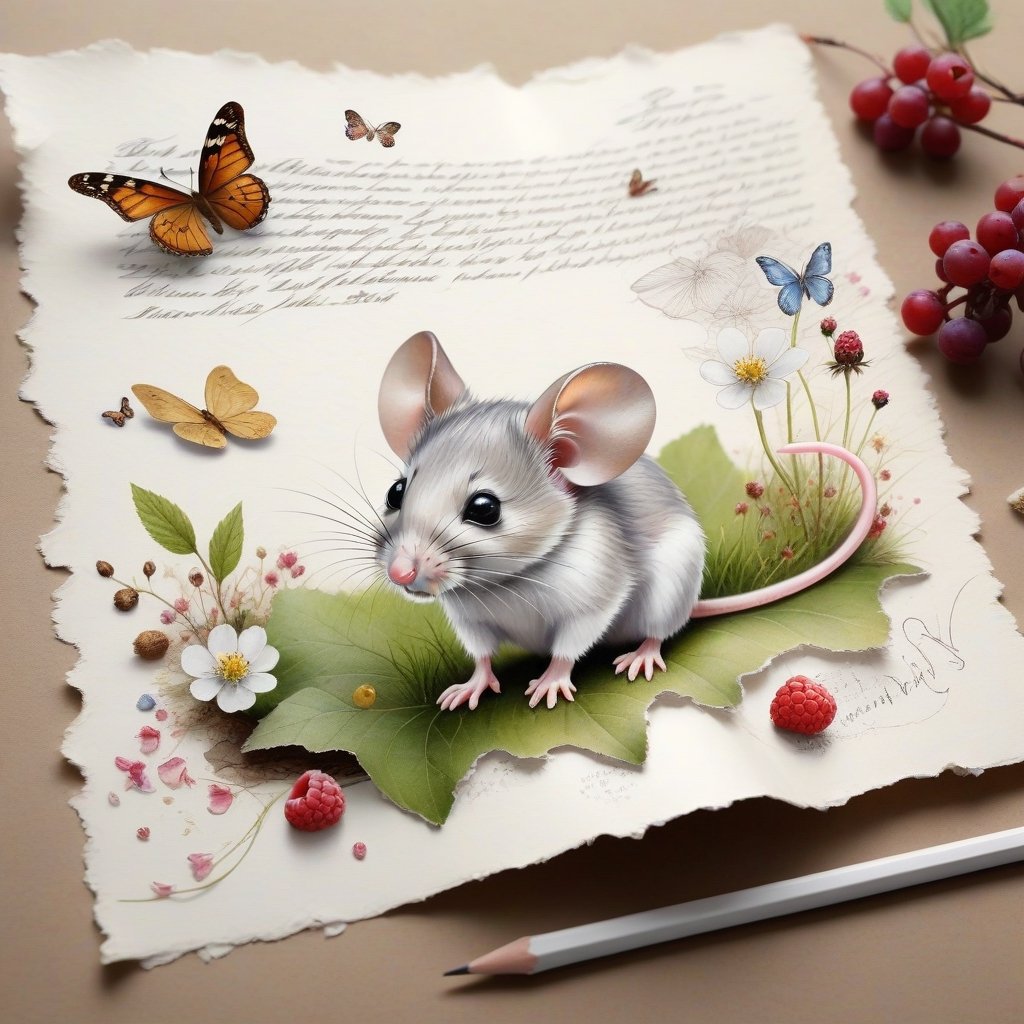  ((ultra realistic photo)), artistic sketch art, Make a little WHITE LINE pencil sketch of a cute tiny MOUSE on an old TORN EDGE PIECE OF PAPER , art, textures, pure perfection, high definition, LITTLE FRUITS, butterfly,wild berries,berry, DELICATE FLOWERS ,grass blades AROUND, flower petals on the paper, little calligraphy text all over, little drawings, text: "mouse", text. ,BookScenic,art_booster