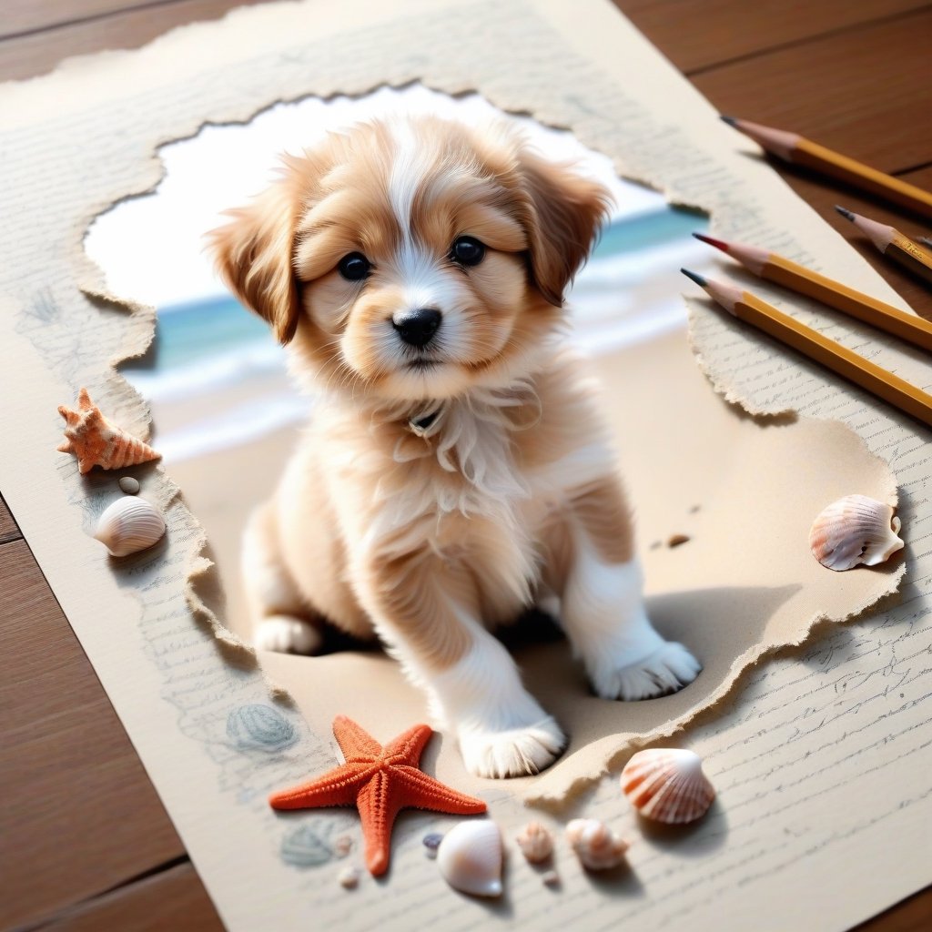 ((ultra realistic photo)), artistic sketch art, Make a pencil sketch of an adorable little FLUFFY PUPPY on an old torn edge paper, art, DETAILED textures, pure perfection, hIgh definition, detailed beach around THE PAPER, tiny delicate sea-shell, starfish, sea , delicate coral, sand on the paper, little calligraphy text, tiny delicate drawings,BookScenic