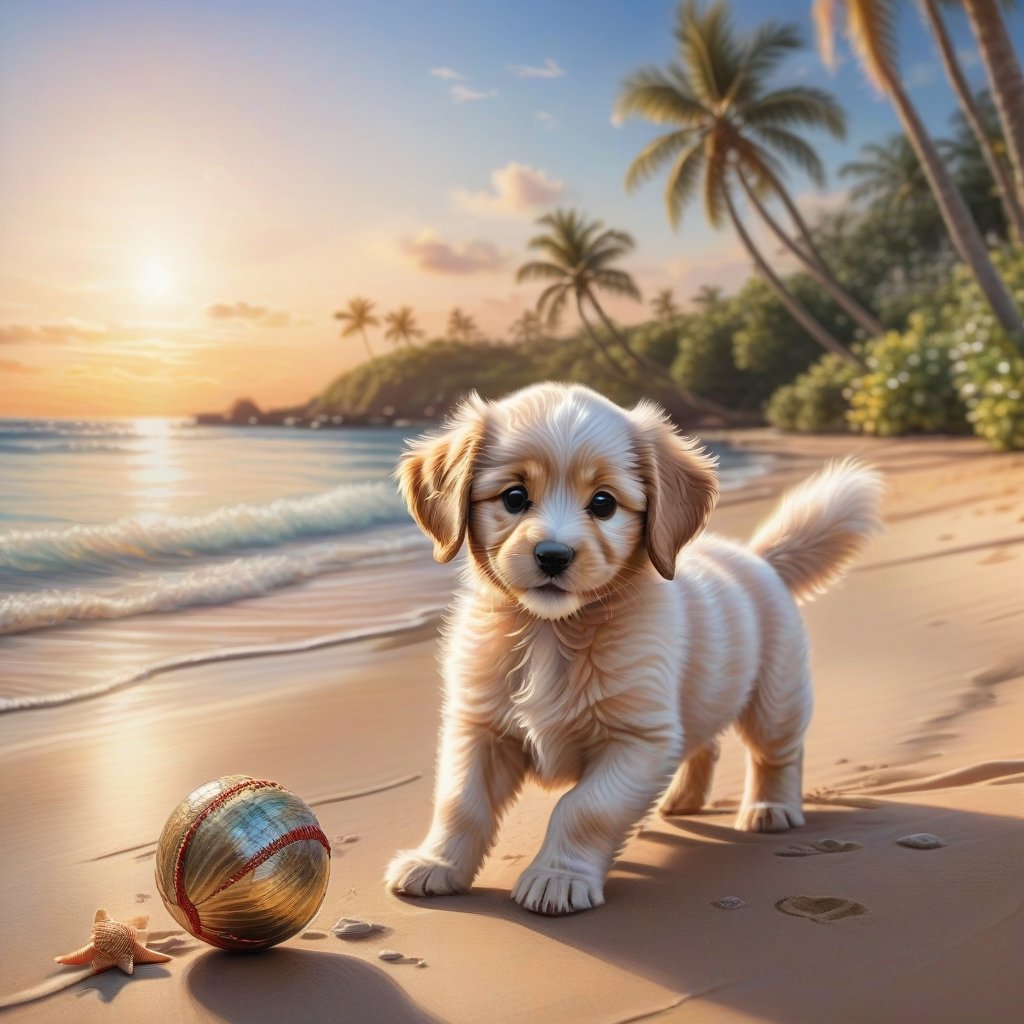 ((ultra realistic photo)), artistic sketch art, Make a DETAILED pencil sketch of a cute little FLUFFY PUPPY PLAYING WITH A BALL, (art, DETAILED textures, pure perfection, hIgh definition), detailed beach around , tiny delicate sea-shell, little delicate starfish, sea ,(very detailed TROPICAL hawaiian BAY BACKGROUND, SEA SHORE, PALM TREES, DETAILED LANDSCAPE, COLORFUL) (GOLDEN HOUR LIGHTING), delicate coral, sand piles