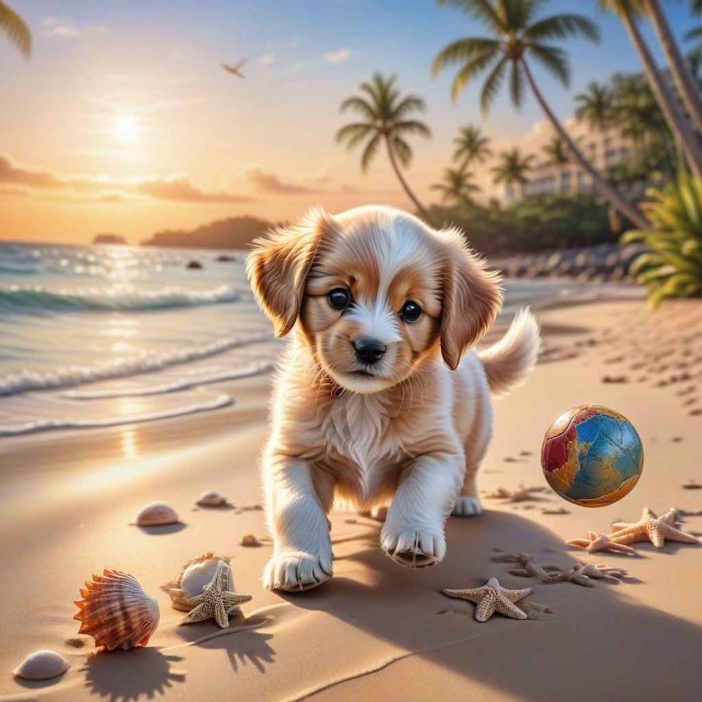 ((ultra realistic photo)), artistic sketch art, Make a DETAILED pencil sketch of a cute little FLUFFY PUPPY PLAYING WITH A BALL, (art, DETAILED textures, pure perfection, hIgh definition), detailed beach around , tiny delicate sea-shell, little delicate starfish, sea ,(very detailed TROPICAL hawaiian BAY BACKGROUND, SEA SHORE, PALM TREES, DETAILED LANDSCAPE, COLORFUL) (GOLDEN HOUR LIGHTING), delicate coral, sand piles