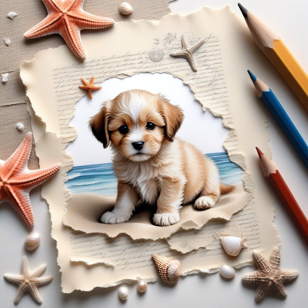 ((ultra realistic photo)), artistic sketch art, Make a pencil sketch of an adorable little FLUFFY PUPPY on an old torn edge paper, art, DETAILED textures, pure perfection, hIgh definition, detailed beach around THE PAPER, tiny delicate sea-shell, starfish, sea , delicate coral, sand pile on the paper, little calligraphy text, tiny delicate drawings,BookScenic