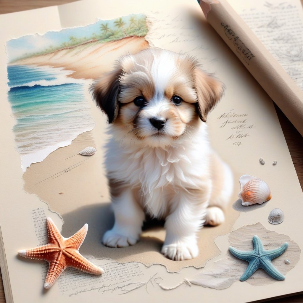 ((ultra realistic photo)), artistic sketch art, Make a pencil sketch of an adorable little FLUFFY PUPPY on an old torn edge paper, art, DETAILED textures, pure perfection, hIgh definition, detailed beach around THE PAPER, tiny delicate sea-shell, starfish, sea , delicate coral, sand on the paper, little calligraphy text all over the paper, tiny delicate drawings,BookScenic