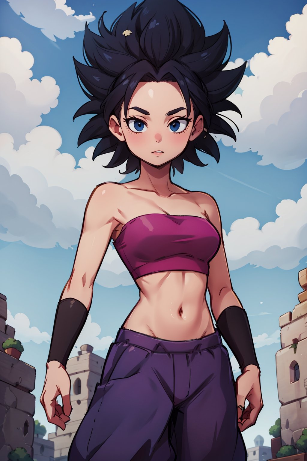 ((masterpiece,best quality)), absurdres, , Caulifla_DB, bare shoulders, midriff,, solo, smiling, looking at viewer, cowboy shot, cinematic composition, , baggy pants