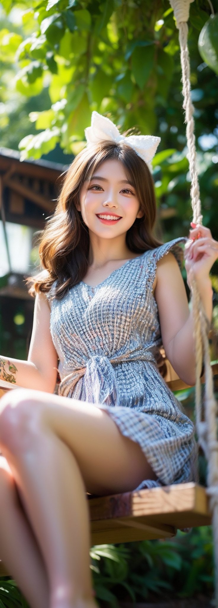 a young blonde asian beauty,long brown hair,bow on head,beautiful detailed eyes,beautiful detailed lips,long eyelashes,soft facial features, cute smile,  flower garden background, sitting on a swing, vibrant colors,pleasant lighting,artistic rendering,perfect light