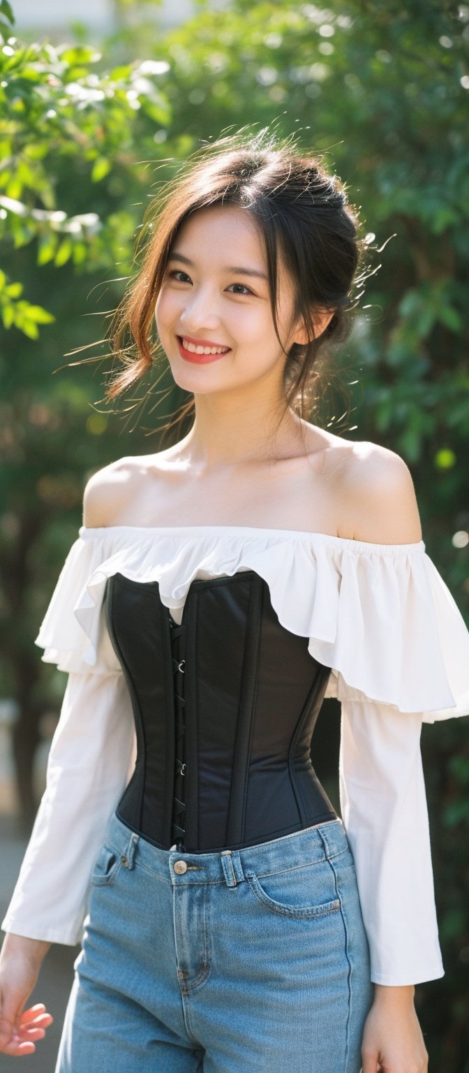 1 idol, ultra-high definition, hair blowing in the wind, delicate facial features, eye smile, ( wearing ransparent off-the-shoulder corset: 1.3), {{{masterpiece}}}, {{highest quality}}, high resolution, high detail, natural movements in daily life,