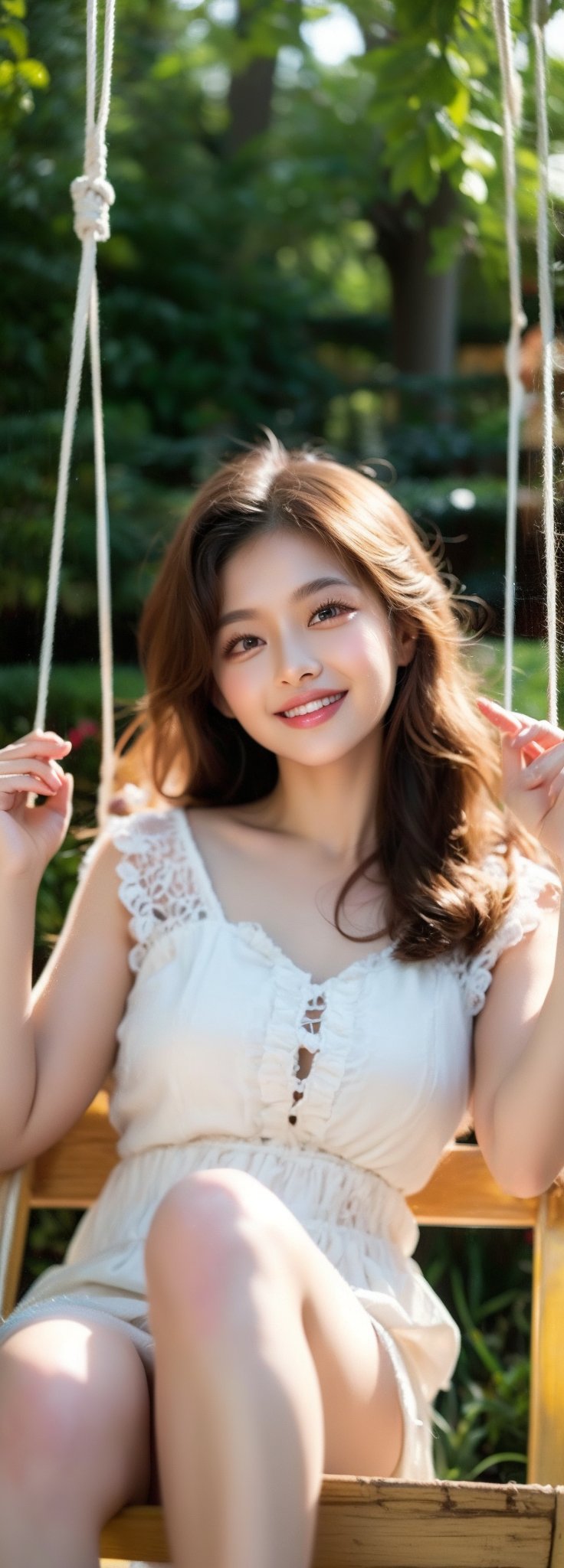 a young blonde asian beauty,long brown hair,bow on head,beautiful detailed eyes,beautiful detailed lips,long eyelashes,soft facial features, cute smile,  flower garden background, sitting on a swing, vibrant colors,pleasant lighting,artistic rendering,perfect light