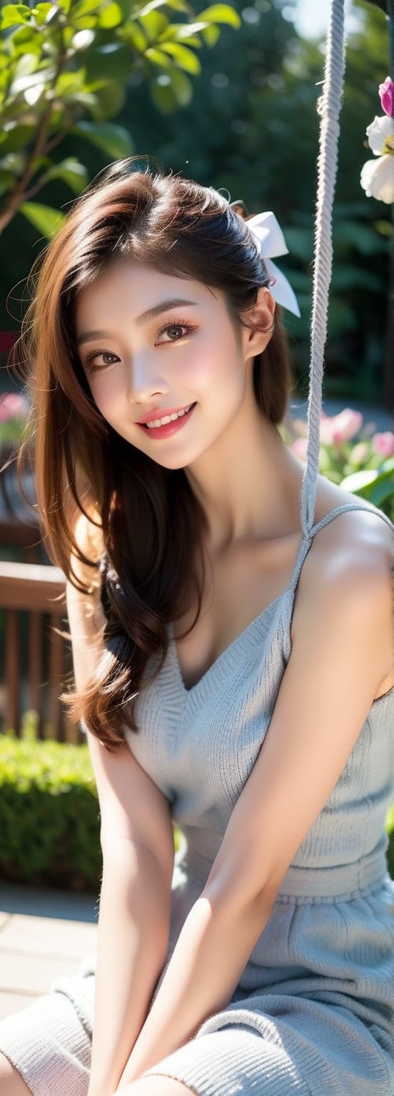 a young blonde asian beauty,long brown hair,bow on head,beautiful detailed eyes,beautiful detailed lips,long eyelashes,soft facial features, cute smile,  flower garden background, sitting on a swing, vibrant colors,pleasant lighting,artistic rendering,perfect light