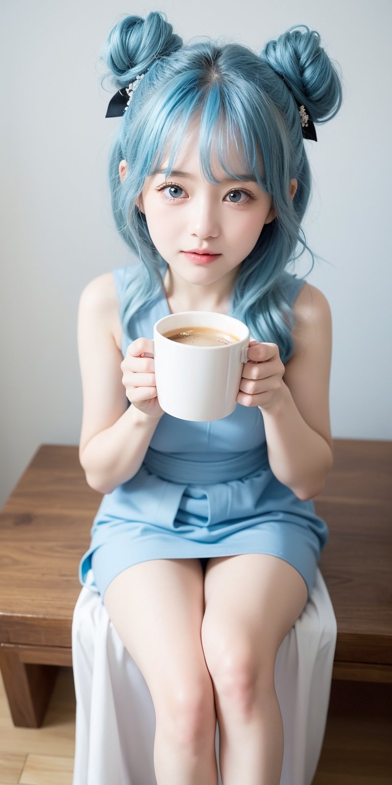 1girl, light blue hair, blue eyes, long hair, cute dress, elegant bun hairstyle, tender gaze, warmly facial expression, white background, holding a coffee cup, she’s a noblewoman. she is sitting. ((Chibi character)),Korean,Japanese,perfect light