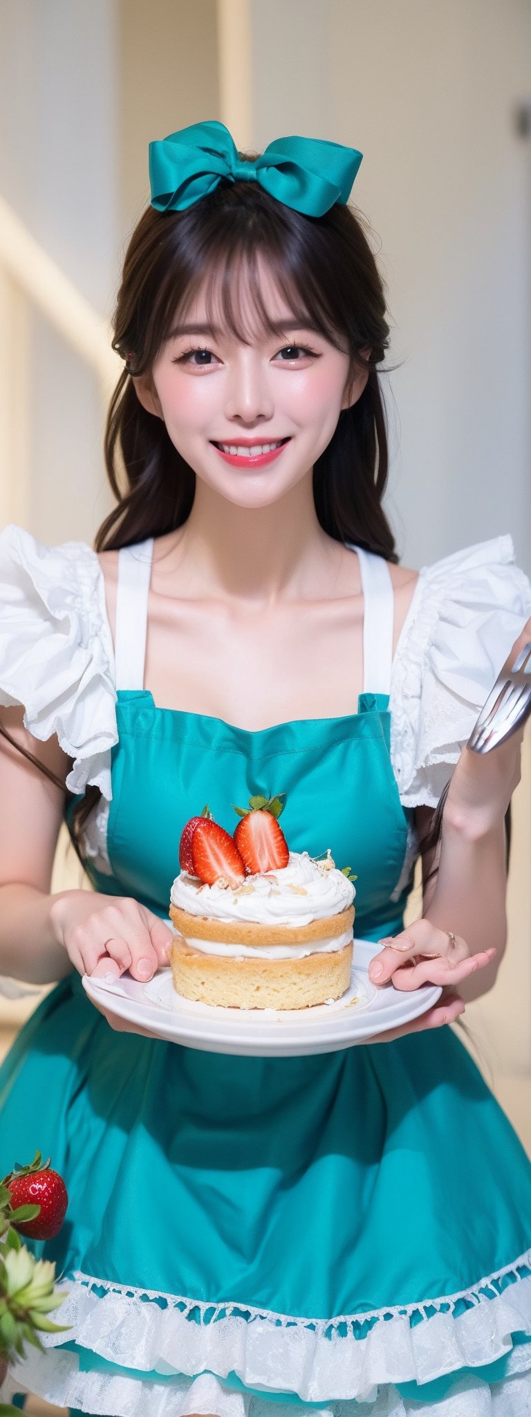 1 girl, solo, long hair, looking at viewer, simple background, blushing, smiling, mouth open, bangs, blue eyes, blonde hair, dress, ribbon, bow, holding, pigtails, blue eyes, hair ribbon, short sleeves, :d, hair ribbon, frills, food, puffy sleeves, apron, arms up, puffy short sleeves, fruit, blue dress, animals, blue ribbon, frilly dress, white apron, plate, cake, frilly apron, mini girl, rabbit, strawberry, giant fork, ,Korean