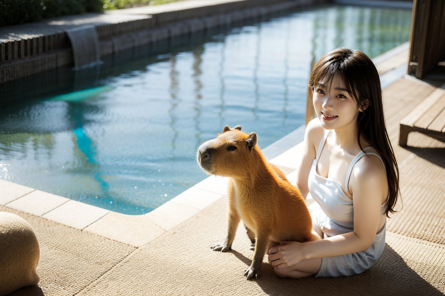 masterpiece, illustration, best detailed, Clear picture, 8K,1girl, , solo, long hair, looking at viewer, blonde hair, SMILE,bow,sitting,  realistic,lower body in water, POOL,yama2,perfect light,3 capybaras,