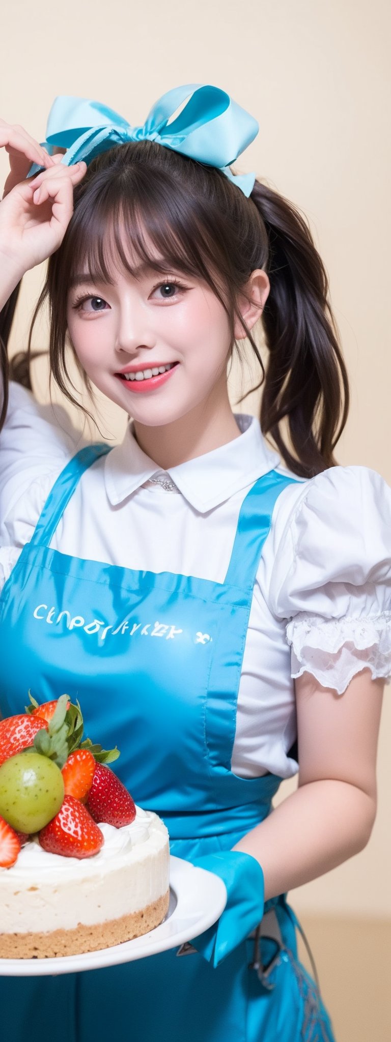 1 girl, solo, long hair, looking at viewer, simple background, blushing, smiling, mouth open, bangs, blue eyes, blonde hair, dress, ribbon, bow, holding, pigtails, blue eyes, hair ribbon, short sleeves, :d, hair ribbon, frills, food, puffy sleeves, apron, arms up, puffy short sleeves, fruit, blue dress, animals, blue ribbon, frilly dress, white apron, plate, cake, frilly apron, mini girl, rabbit, strawberry, giant fork, ,Korean,idol