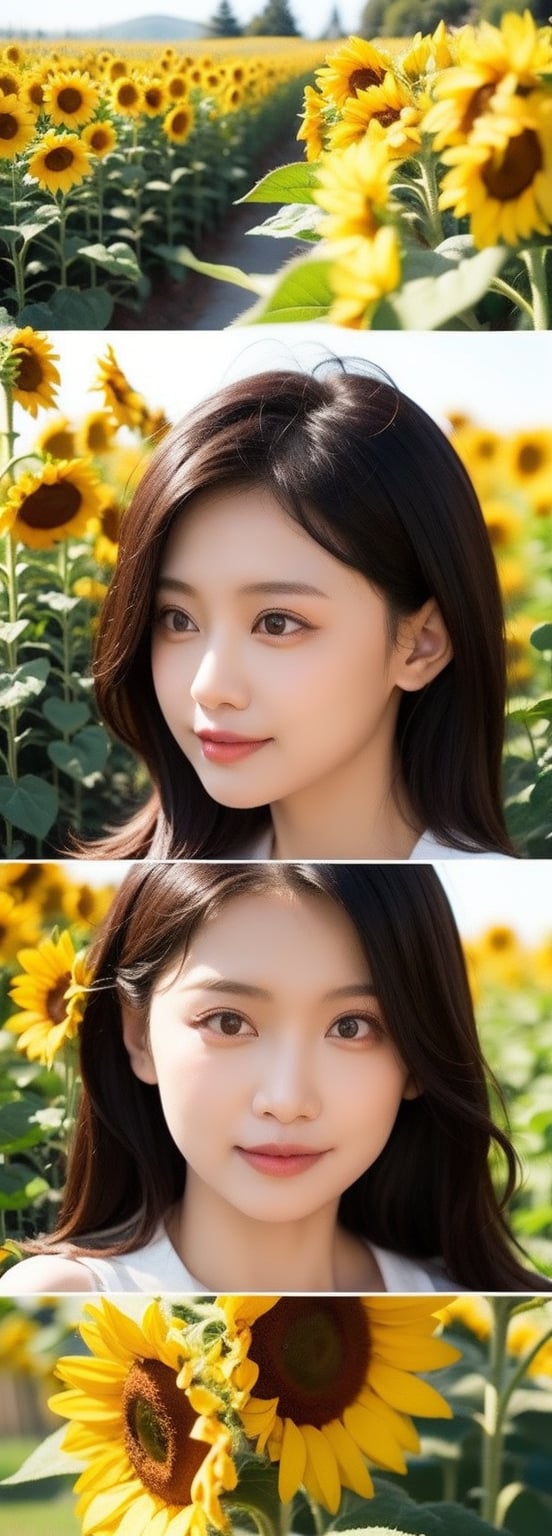  A beautiful asian beauty, Sunflower field. Best Quality, Crazy Details and Sharp Focus, Masterpiece, Professional, Award Winning, Fine Detail, High Detail, UHD, 64k,, perfect light,idol