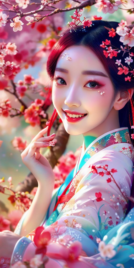 In this mesmerizing fractal art piece, a stunning Korean beauty in hanfu and delicate jewelry stands out against a dynamic, shifting backdrop reminiscent of blooming cherry blossoms. Smile.  Her left hand cradles a vibrant red flower branch, while her right hand playfully tugs at the sleeve, exuding subtle sensuality. The subject's eyes sparkle with intricate light particles that seem to capture the essence of the petals. Framing is bold and abstract, with the beauty positioned at the center of a swirling vortex of colors, textures, and shapes that blend seamlessly into the background.
