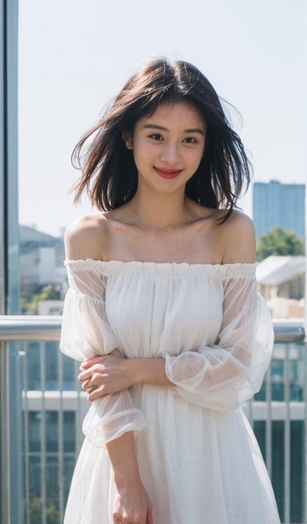 1 idol, ultra-high definition, hair blowing in the wind, delicate facial features, eye smile, ( wearing transparent off-the-shoulder dress: 1.3), {{{masterpiece}}}, {{highest quality}}, high resolution, high detail, natural movements in daily life,