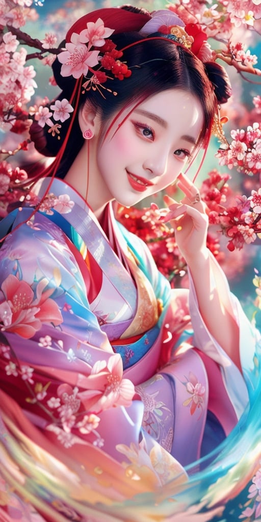 In this mesmerizing fractal art piece, a stunning Korean beauty in hanfu and delicate jewelry stands out against a dynamic, shifting backdrop reminiscent of blooming cherry blossoms. Smile.  Her left hand cradles a vibrant red flower branch, while her right hand playfully tugs at the sleeve, exuding subtle sensuality. The subject's eyes sparkle with intricate light particles that seem to capture the essence of the petals. Framing is bold and abstract, with the beauty positioned at the center of a swirling vortex of colors, textures, and shapes that blend seamlessly into the background.