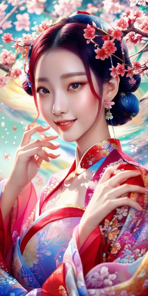 In this mesmerizing fractal art piece, a stunning Korean beauty in hanfu and delicate jewelry stands out against a dynamic, shifting backdrop reminiscent of blooming cherry blossoms. Smile.  Her left hand cradles a vibrant red flower branch, while her right hand playfully tugs at the sleeve, exuding subtle sensuality. The subject's eyes sparkle with intricate light particles that seem to capture the essence of the petals. Framing is bold and abstract, with the beauty positioned at the center of a swirling vortex of colors, textures, and shapes that blend seamlessly into the background.