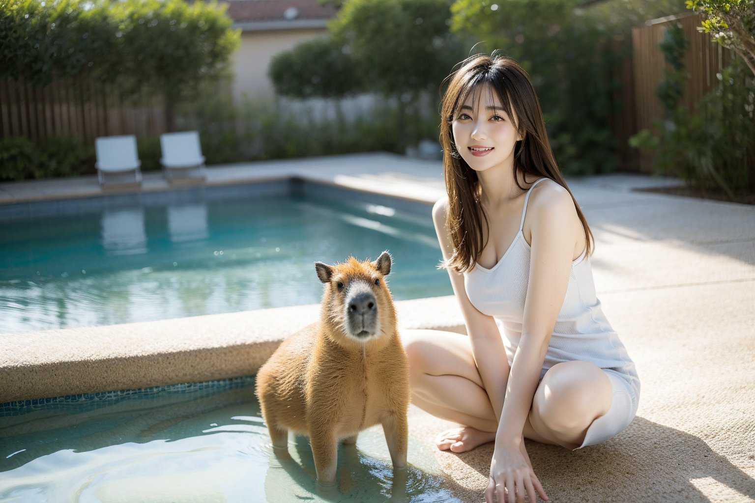 masterpiece, illustration, best detailed, Clear picture, 8K,1girl, , solo, long hair, looking at viewer, blonde hair, SMILE,bow,sitting,  realistic,lower body in water, POOL,yama2,perfect light,10 capybaras,