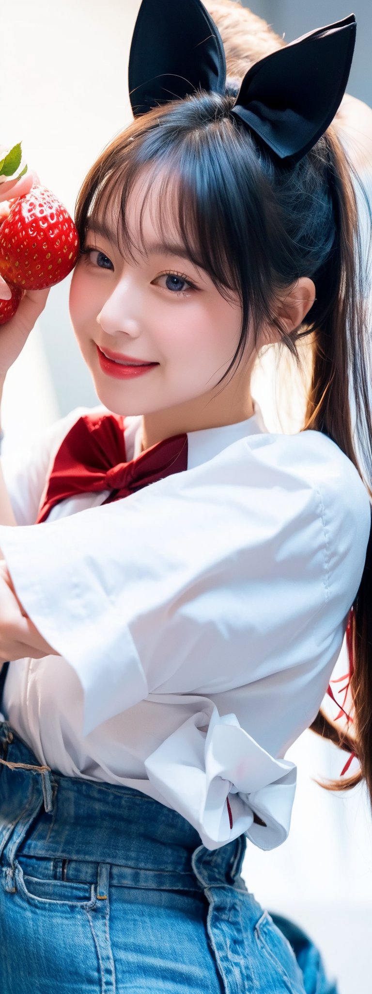 1 girl, solo, long hair, looking at viewer, simple background, blushing, smiling, mouth open, bangs, blue eyes, blonde hair, dress, ribbon, bow, holding, pigtails, blue eyes, hair ribbon, short sleeves, :d, hair ribbon, frills, food, puffy sleeves, apron, arms up, puffy short sleeves, fruit, nude, naked, nipples,girl, rabbit, strawberry, giant fork, ,Korean,idol