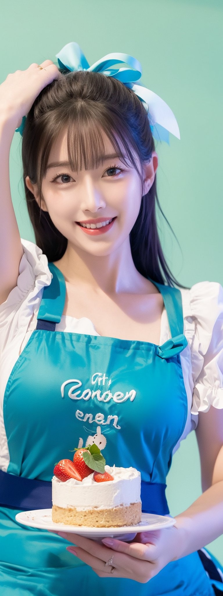 1 girl, solo, long hair, looking at viewer, simple background, blushing, smiling, mouth open, bangs, blue eyes, blonde hair, dress, ribbon, bow, holding, pigtails, blue eyes, hair ribbon, short sleeves, :d, hair ribbon, frills, food, puffy sleeves, apron, arms up, puffy short sleeves, fruit, blue dress, animals, blue ribbon, frilly dress, white apron, plate, cake, frilly apron, mini girl, rabbit, strawberry, giant fork, ,Korean