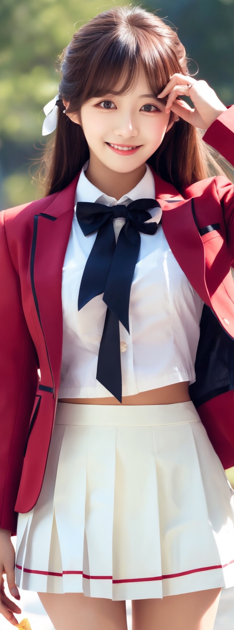 masterpiece, best quality, highres, 1girl, solo, long hair, blonde hair, hair ribbon, bangs, black eyes, red bowtie, collared shirt, blazer, red jacket, long sleeves, long pleated skirt, white skirt, standing, cowboy shot, outdoors, smile, wink, idol,korean ,beauty,pretty girl,Beauty