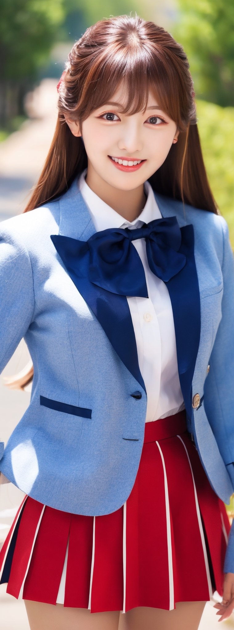 masterpiece, best quality, highres, 1girl, solo, long hair, blonde hair, hair ribbon, bangs, black eyes, red bowtie, collared shirt, blazer, red jacket, long sleeves, long pleated skirt, white skirt, standing, cowboy shot, outdoors, smile, wink, idol,korean ,beauty,pretty girl,Beauty