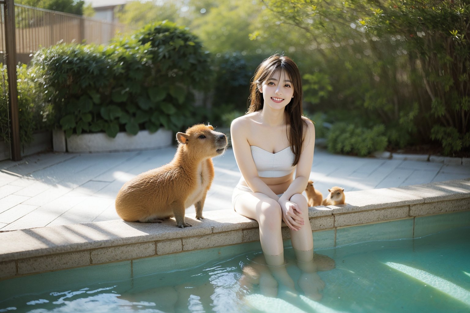 masterpiece, illustration, best detailed, Clear picture, 8K,1girl, , solo, long hair, looking at viewer, blonde hair, SMILE,bow,sitting,  realistic,lower body in water, POOL,yama2,perfect light,4 capybaras,