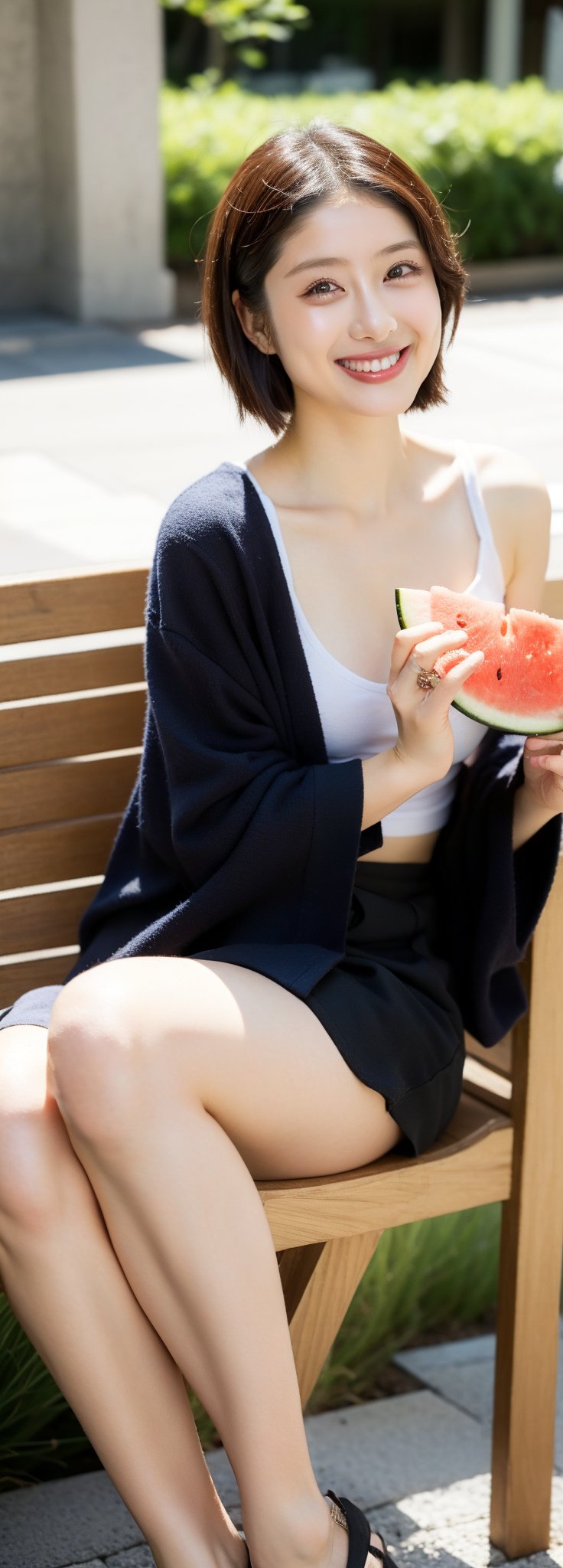 8k,best quality,masterpiece,ultra high res,portrait,beautiful,kawaii,dark hair,happy smile,bob,open clothes,from front,sweat_drops,
in the down town,
eating watermelon,
sitting in the long chair in the courtyard in Kyoto,perfect light ,Japanese ,idol