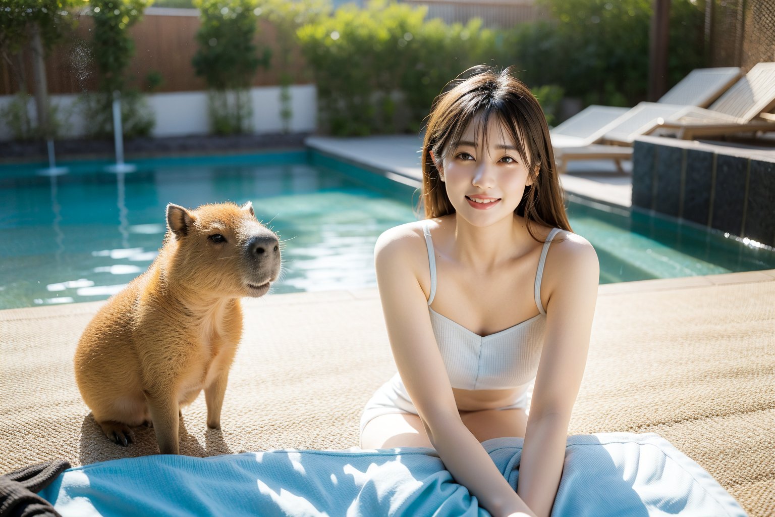 masterpiece, illustration, best detailed, Clear picture, 8K,1girl, , solo, long hair, looking at viewer, blonde hair, SMILE,bow,sitting,  realistic,lower body in water, POOL,yama2,perfect light,10 capybaras,