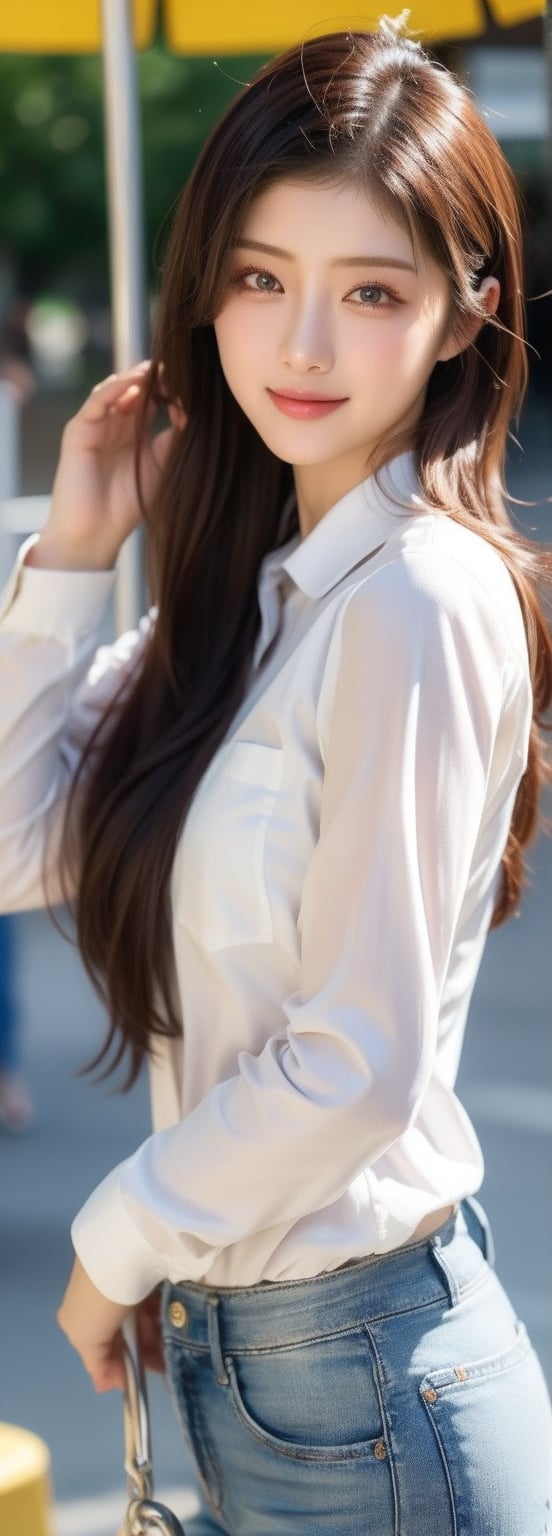 background is amusement park,
a beautifula young asian beauty,perfect light,wearing white collared long sleeve shirts,short jeans, smile,ride a merry-go-round, solo, {beautiful and detailed eyes}, dark eyes, calm expression, delicate facial features, ((model pose)), Glamor body type, (dark hair:1.2), simple tiny earrings, very_long_hair, hair past hip, bang, straight hair, flim grain, realhands, masterpiece, Best Quality, 16k, photorealistic, ultra-detailed, finely detailed, high resolution, perfect dynamic composition, beautiful detailed eyes, eye smile, ((nervous and embarrassed)), sharp-focus, full_body, cowboy_shot,Japanese