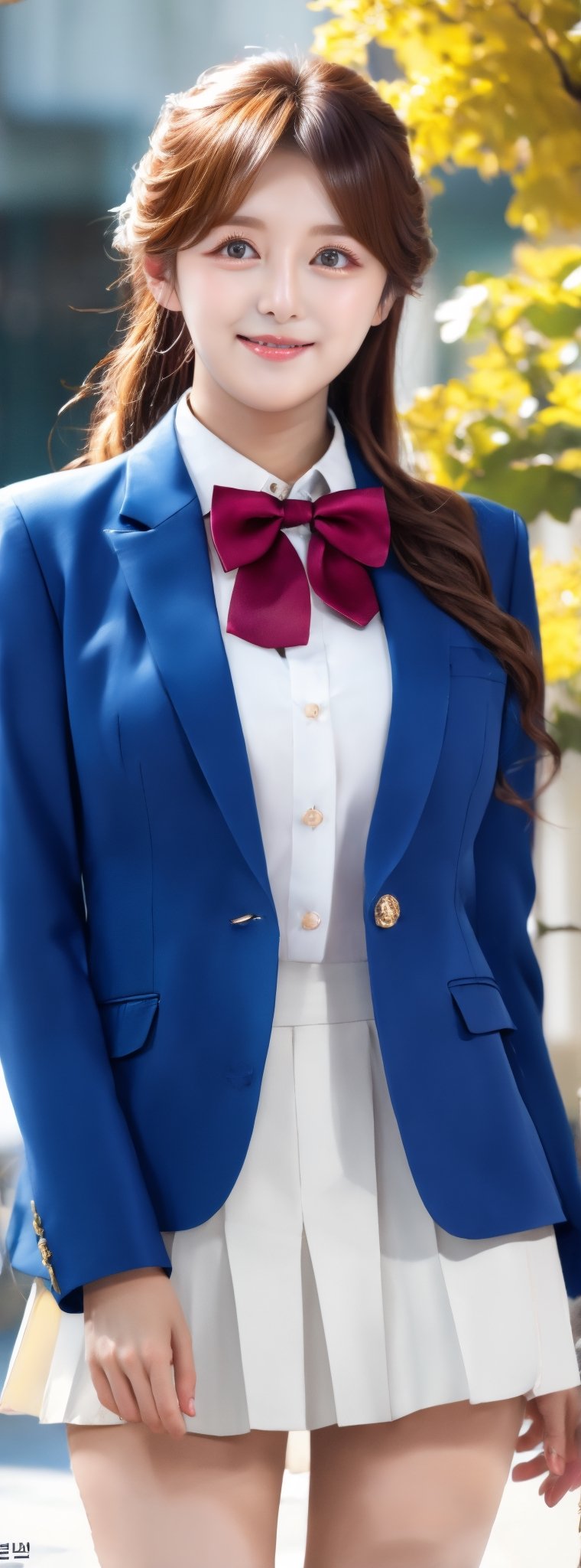 masterpiece, best quality, highres, 1girl, solo, long hair, blonde hair, hair ribbon, bangs, black eyes, red bowtie, collared shirt, blazer, red jacket, long sleeves, long pleated skirt, white skirt, standing, cowboy shot, outdoors, smile, mild close eyes, idol,korean ,beauty,pretty girl,Beauty,Korean