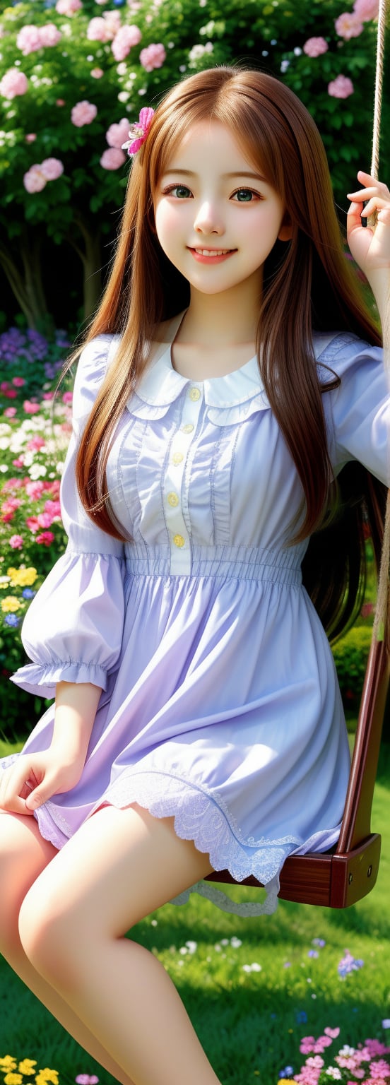 a young blonde asian beauty,long brown hair,bow on head,beautiful detailed eyes,beautiful detailed lips,long eyelashes,soft facial features, cute smile, looking at, flower garden background, sitting on a swing, vibrant colors,pleasant lighting,artistic rendering,perfect light