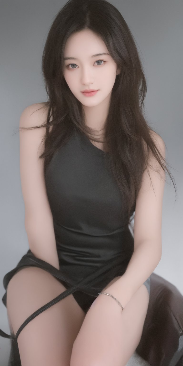 masterpiece, highly detailed full body image of a young girl with light gray eyes, Light orange long hair, punk hairstyle, smile, sweet and shy expression, little smile, cozy lighting, very dark background, wearing a black mini dress, sitting in a leather chair, unusual composition, use of negative space, spectral, close-up, detailed eyes, detailed mouth,Korean,Japanese,perfect light